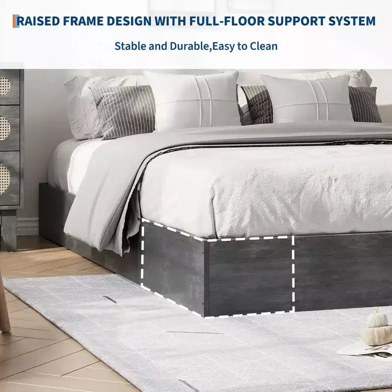 Cadre de lit plateforme Queen Size, cadre de lit en bois avec sommier à lattes en bois, aucun sommier tapissier requis, sans tête de lit, assemblage facile, gris