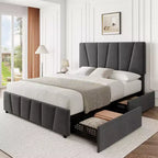 Cadre de lit plateforme rembourré avec tête de lit réglable et tiroirs de rangement - Lattes en bois, aucun sommier tapissier requis, mobilier de chambre moderne