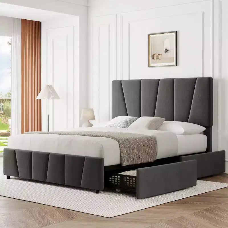 Cadre de lit plateforme rembourré avec tête de lit réglable et tiroirs de rangement - Lattes en bois, aucun sommier tapissier requis, mobilier de chambre moderne