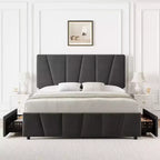 Cadre de lit plateforme rembourré avec tête de lit réglable et tiroirs de rangement - Lattes en bois, aucun sommier tapissier requis, mobilier de chambre moderne