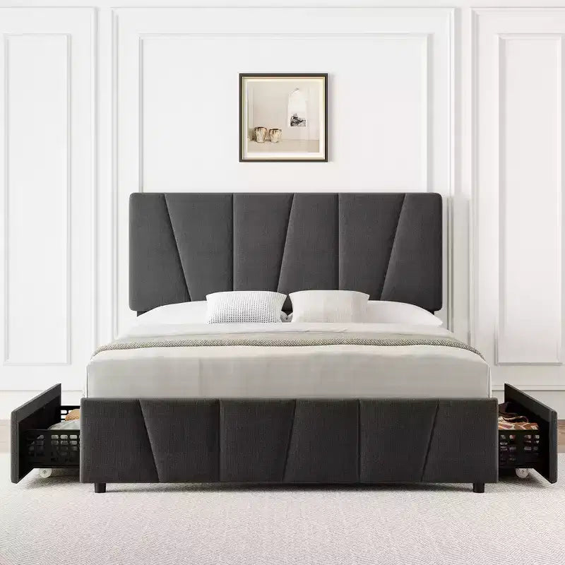 Cadre de lit plateforme rembourré avec tête de lit réglable et tiroirs de rangement - Lattes en bois, aucun sommier tapissier requis, mobilier de chambre moderne