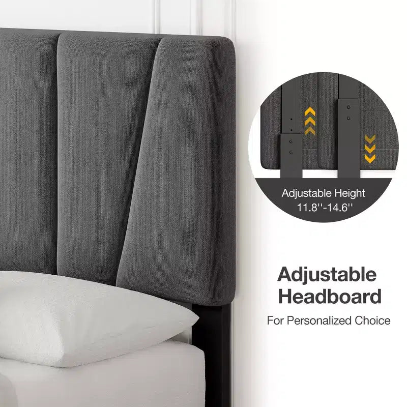 Cadre de lit plateforme rembourré avec tête de lit réglable et tiroirs de rangement - Lattes en bois, aucun sommier tapissier requis, mobilier de chambre moderne