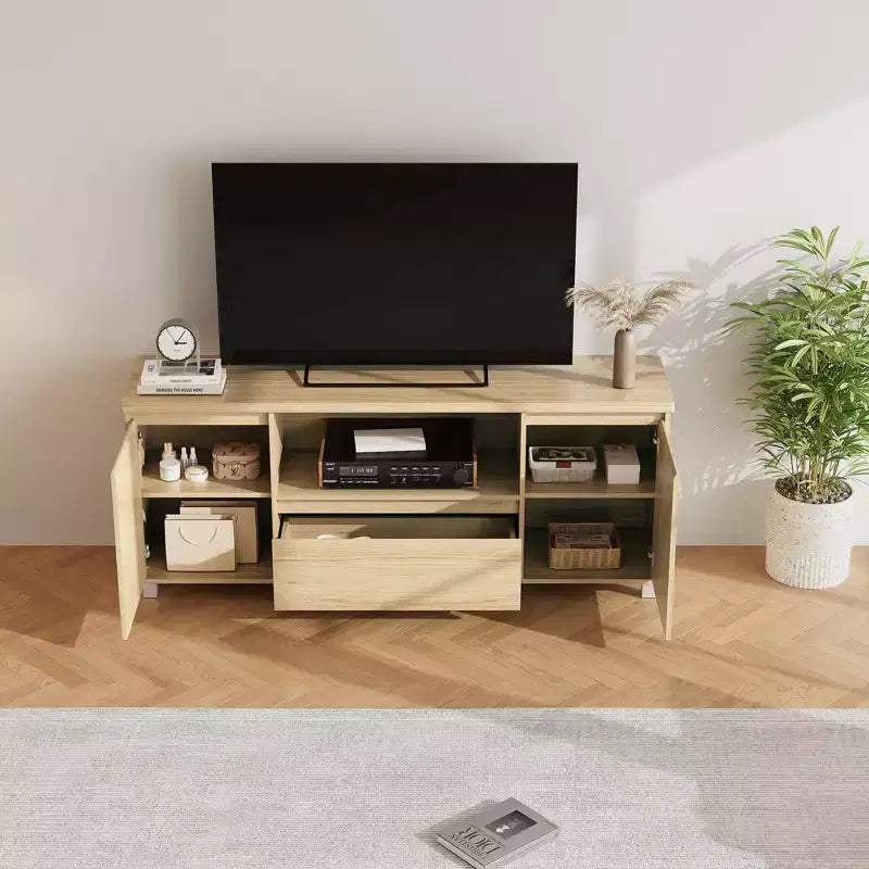 Rattan 63 TV Stand Entertainment Center, Modern Media Cabinet with Storage Drawer & Open Shelves, Fits TVs Up to 70 for Living Room, Bedroom