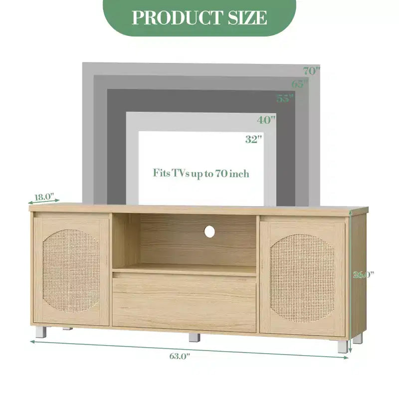 Meuble TV Rétro en Rotin avec Rangement, Meuble Bas pour TV avec Tiroir et Étagères Ouvertes, Convient aux TV Jusqu'à 70 Pouces pour Salon, Chambre