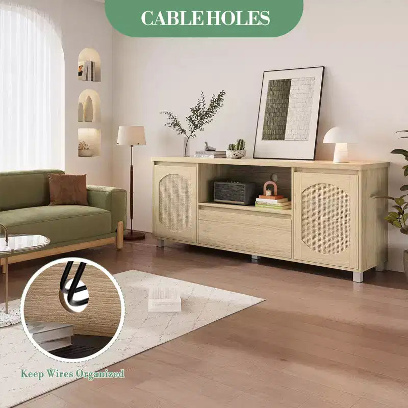 Meuble TV Rétro en Rotin avec Rangement, Meuble Bas pour TV avec Tiroir et Étagères Ouvertes, Convient aux TV Jusqu'à 70 Pouces pour Salon, Chambre