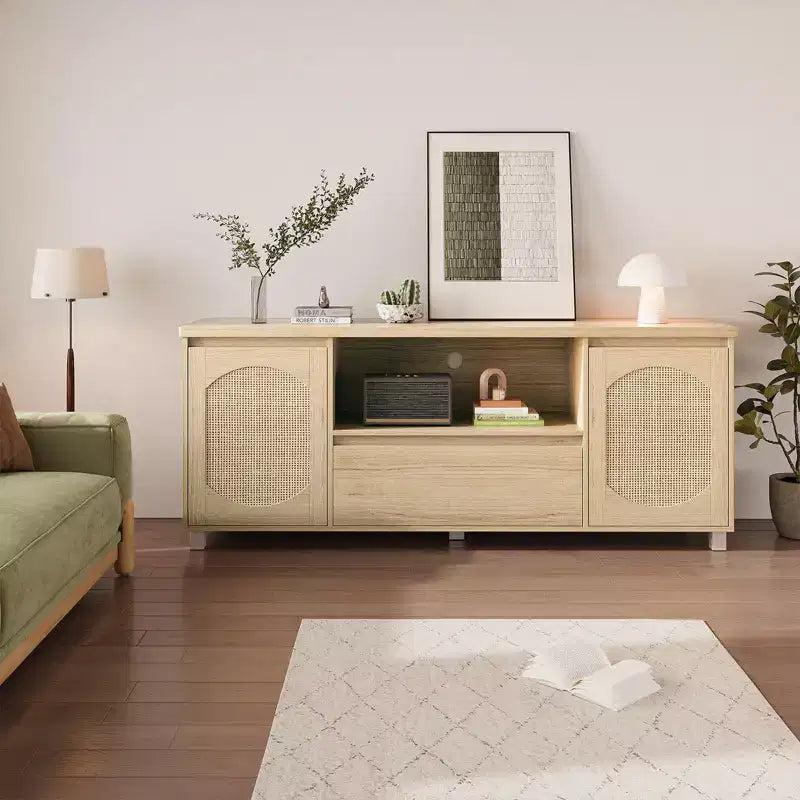 Meuble TV Rétro en Rotin avec Rangement, Meuble Bas pour TV avec Tiroir et Étagères Ouvertes, Convient aux TV Jusqu'à 70 Pouces pour Salon, Chambre
