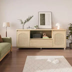 Meuble TV Rétro en Rotin avec Rangement, Meuble Bas pour TV avec Tiroir et Étagères Ouvertes, Convient aux TV Jusqu'à 70 Pouces pour Salon, Chambre