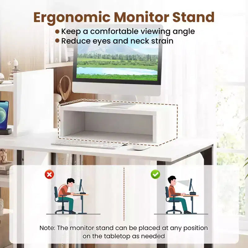 Bureau informatique Costway avec station de charge 43,5" Bureau d'étude avec support d'écran ergonomique Blanc et Noir