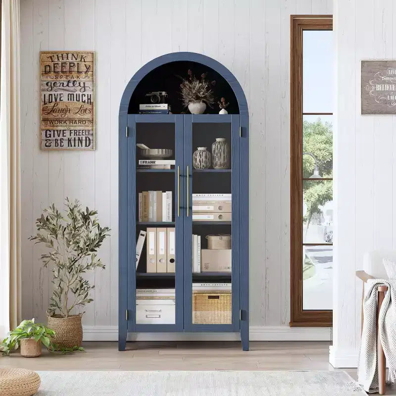 Armoire de rangement de cuisine à 5 niveaux avec portes en verre et étagère réglable, style ferme cintrée, vitrine pour cuisine, salle à manger et salon