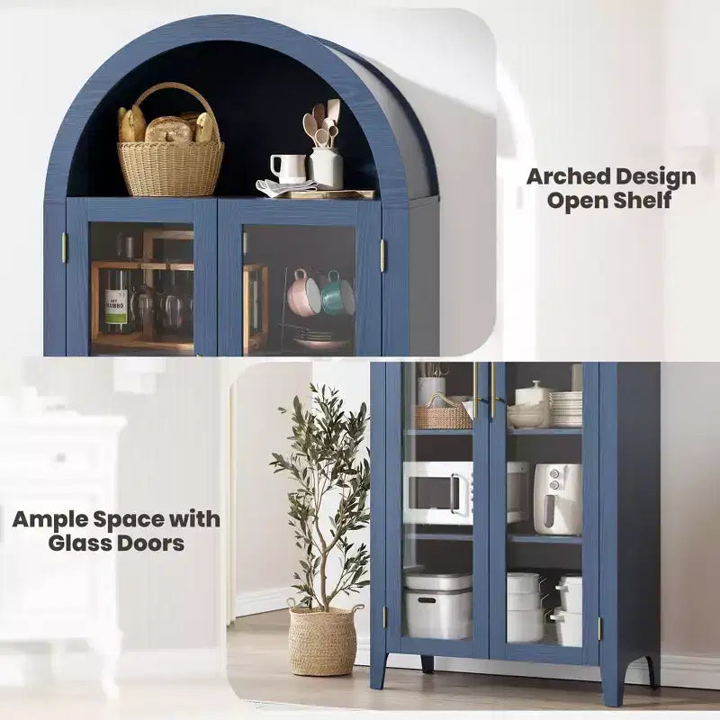 Armoire de rangement de cuisine à 5 niveaux avec portes en verre et étagère réglable, style ferme cintrée, vitrine pour cuisine, salle à manger et salon