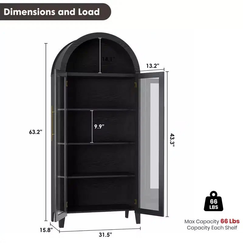 Armoire de rangement de cuisine à 5 niveaux avec portes en verre et étagère réglable, style ferme cintrée, vitrine pour cuisine, salle à manger et salon