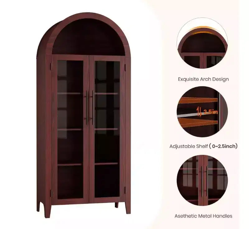 Armoire de rangement de cuisine à 5 niveaux avec portes en verre et étagère réglable, style ferme cintrée, vitrine pour cuisine, salle à manger et salon