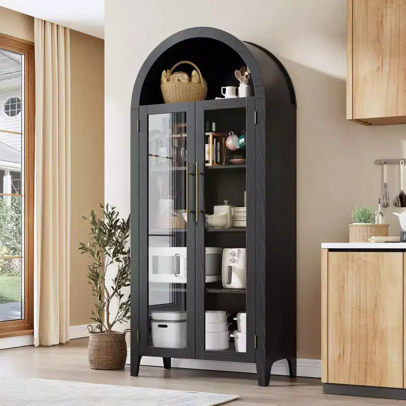 Armoire de rangement de cuisine à 5 niveaux avec portes en verre et étagère réglable, style ferme cintrée, vitrine pour cuisine, salle à manger et salon