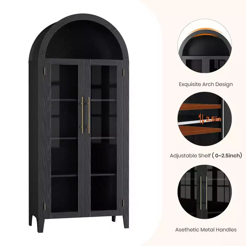 Armoire de rangement de cuisine à 5 niveaux avec portes en verre et étagère réglable, style ferme cintrée, vitrine pour cuisine, salle à manger et salon