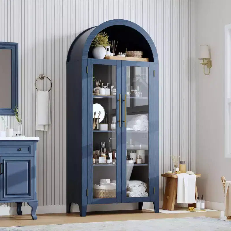 Armoire de rangement de cuisine à 5 niveaux avec portes en verre et étagère réglable, style ferme cintrée, vitrine pour cuisine, salle à manger et salon