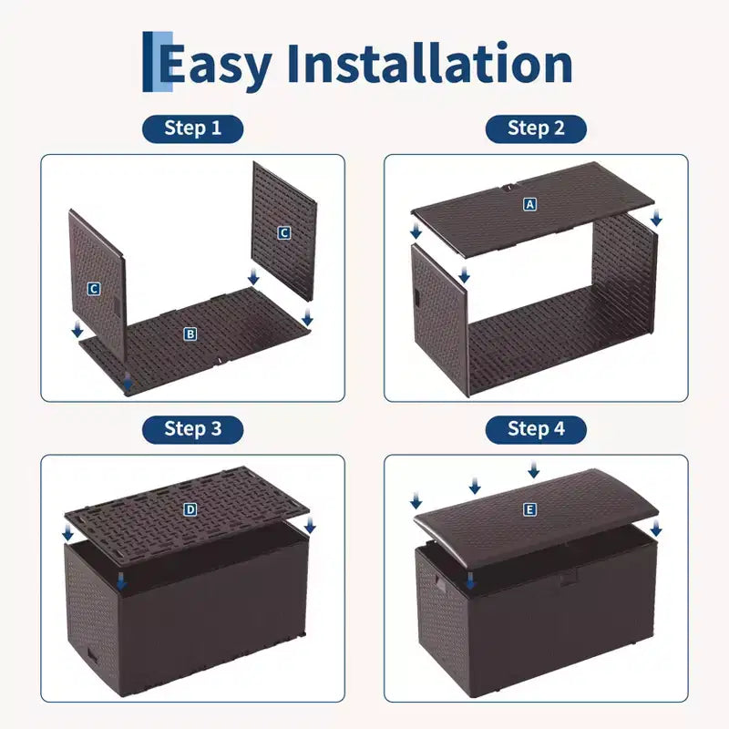 Coffre de rangement extérieur en PEHD de 375 L avec sangles, étanche pour outils de jardin, idéal pour terrasse, pelouse, piscine et garage.