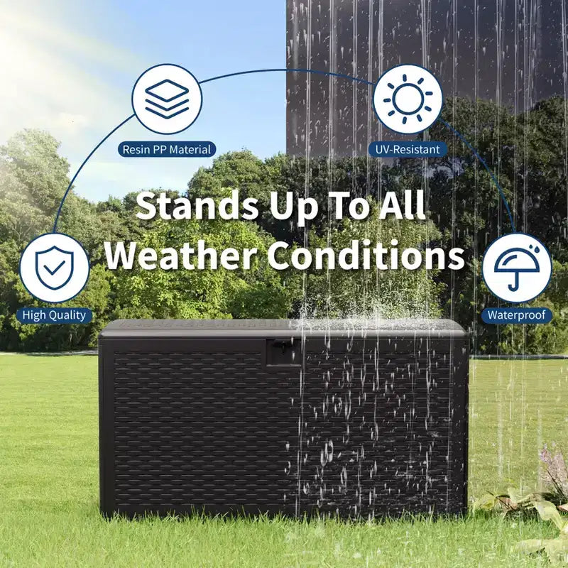 Coffre de rangement extérieur en PEHD de 375 L avec sangles, étanche pour outils de jardin, idéal pour terrasse, pelouse, piscine et garage.