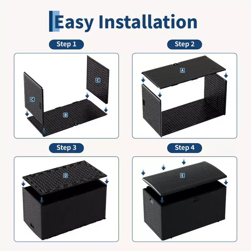 Coffre de rangement extérieur en PEHD de 375 L avec sangles, étanche pour outils de jardin, idéal pour terrasse, pelouse, piscine et garage.