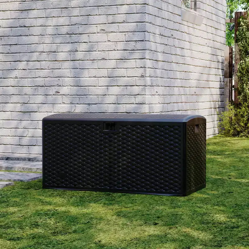 Coffre de rangement extérieur en PEHD de 375 L avec sangles, étanche pour outils de jardin, idéal pour terrasse, pelouse, piscine et garage.