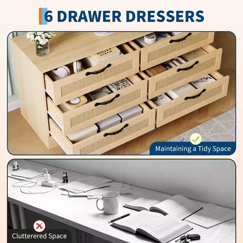Meuble TV avec support pour téléviseurs de 32 à 85 pouces, commode en rotin à 6 tiroirs, console média avec rangement généreux