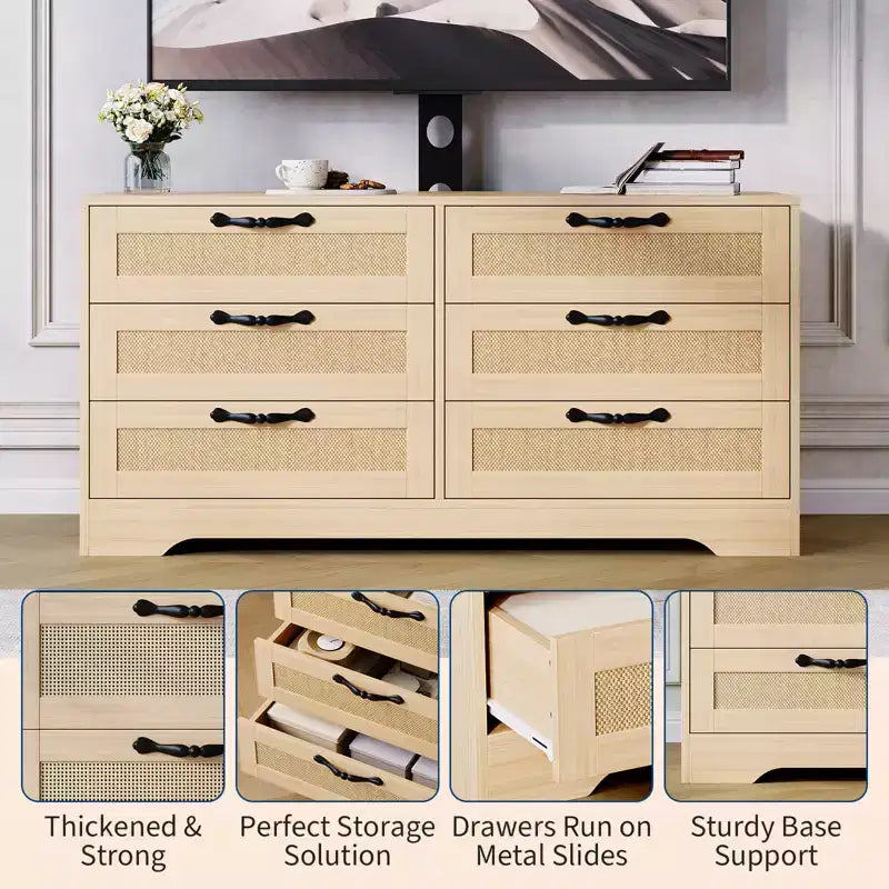Meuble TV avec support pour téléviseurs de 32 à 85 pouces, commode en rotin à 6 tiroirs, console média avec rangement généreux