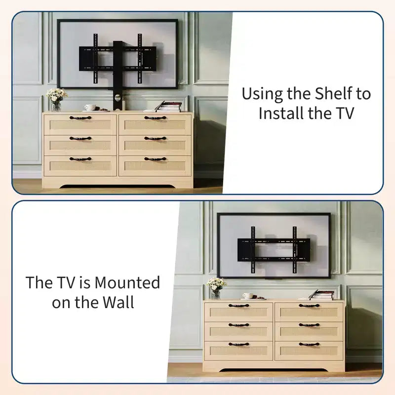 Meuble TV avec support pour téléviseurs de 32 à 85 pouces, commode en rotin à 6 tiroirs, console média avec rangement généreux