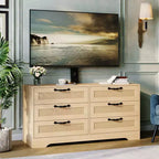 Meuble TV avec support pour téléviseurs de 32 à 85 pouces, commode en rotin à 6 tiroirs, console média avec rangement généreux