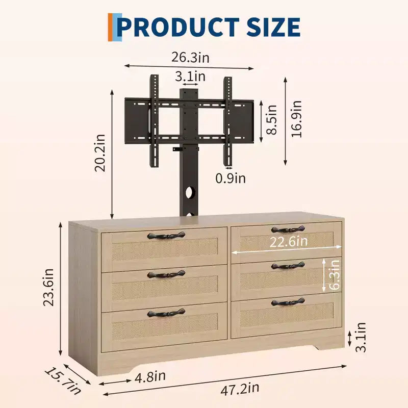 Meuble TV avec support pour téléviseurs de 32 à 85 pouces, commode en rotin à 6 tiroirs, console média avec rangement généreux