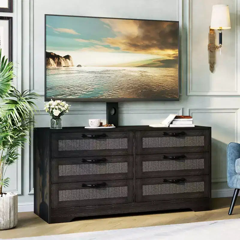 Meuble TV avec support pour téléviseurs de 32 à 85 pouces, commode en rotin à 6 tiroirs, console média avec rangement généreux