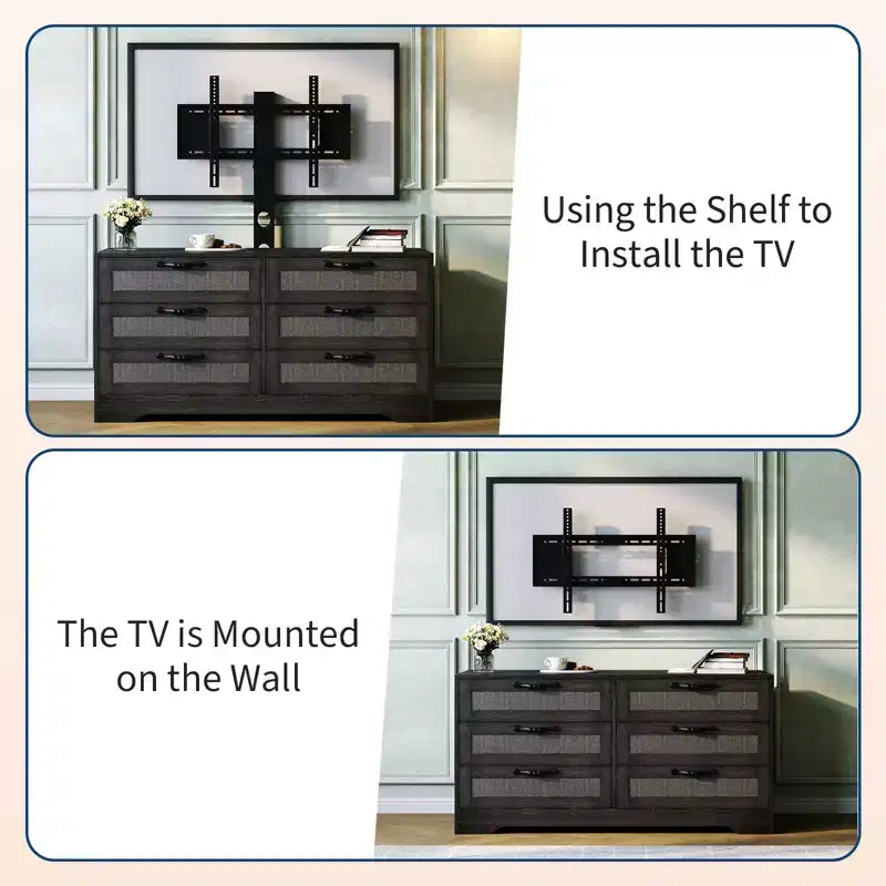 Meuble TV avec support pour téléviseurs de 32 à 85 pouces, commode en rotin à 6 tiroirs, console média avec rangement généreux