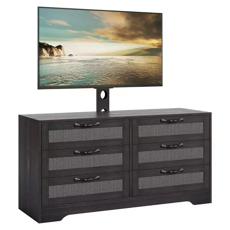 TV Stand with Mount for 32-85 TVs  6-Drawer Rattan Dresser  Media Console with Generous Storage