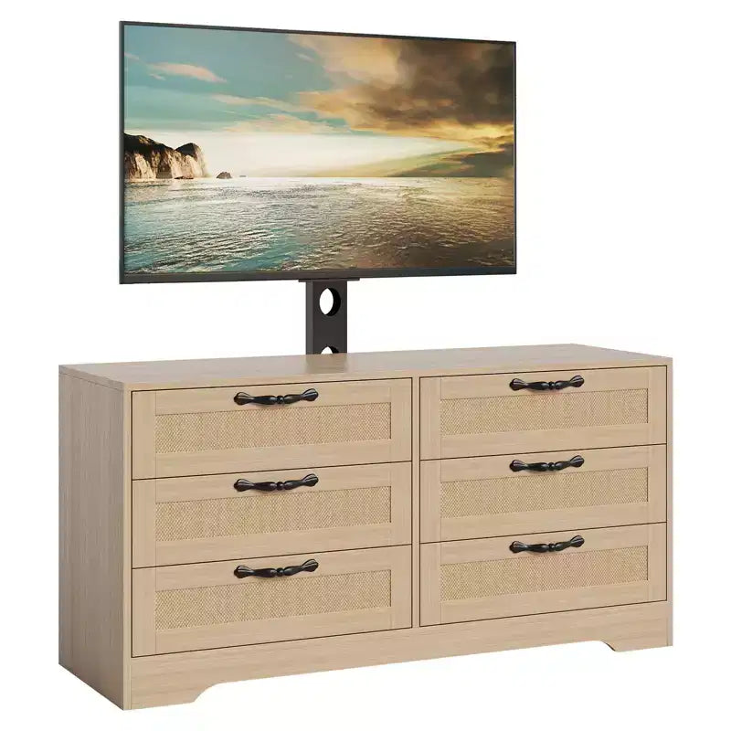 Meuble TV avec support pour téléviseurs de 32 à 85 pouces, commode en rotin à 6 tiroirs, console média avec rangement généreux