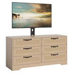 Meuble TV avec support pour téléviseurs de 32 à 85 pouces, commode en rotin à 6 tiroirs, console média avec rangement généreux