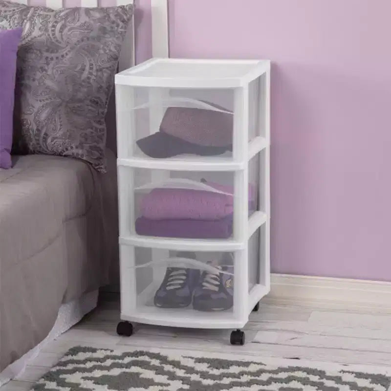 Chariot de rangement à 3 tiroirs Sterilite, organisateur roulant en plastique moyen, blanc, paquet de 6