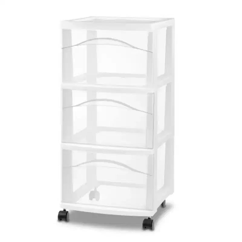 Chariot de rangement à 3 tiroirs Sterilite, organisateur roulant en plastique moyen, blanc, paquet de 6