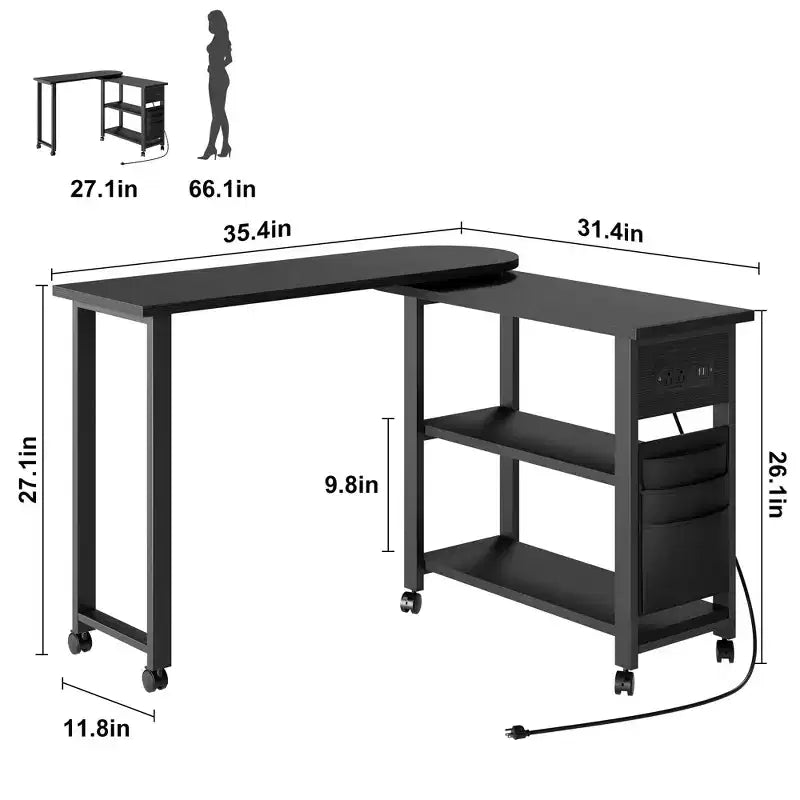 Table d'appoint rotative à 360° avec station de charge et sac de rangement, table de canapé mobile pivotante avec 6 roues verrouillables, table d'appoint mobile pour chambre et salon