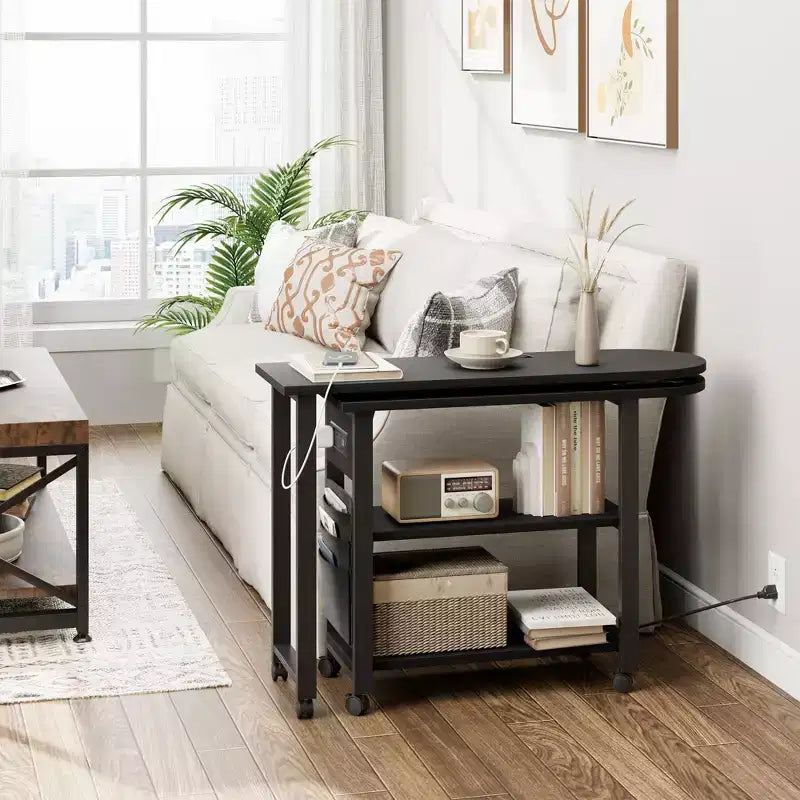 Table d'appoint rotative à 360° avec station de charge et sac de rangement, table de canapé mobile pivotante avec 6 roues verrouillables, table d'appoint mobile pour chambre et salon