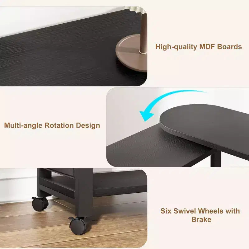 Table d'appoint rotative à 360° avec station de charge et sac de rangement, table de canapé mobile pivotante avec 6 roues verrouillables, table d'appoint mobile pour chambre et salon