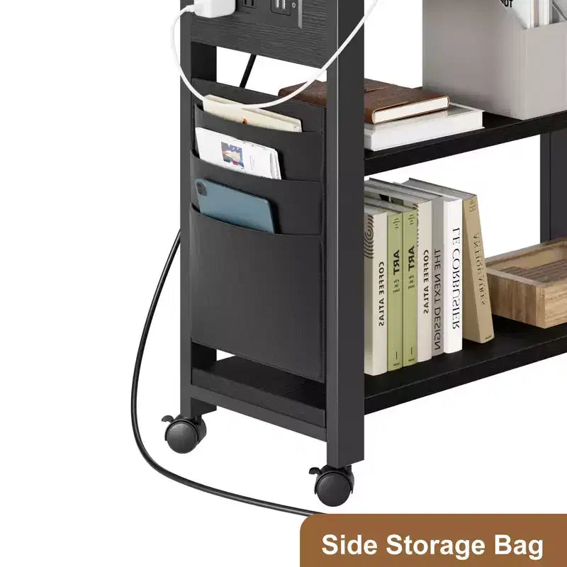 Table d'appoint rotative à 360° avec station de charge et sac de rangement, table de canapé mobile pivotante avec 6 roues verrouillables, table d'appoint mobile pour chambre et salon