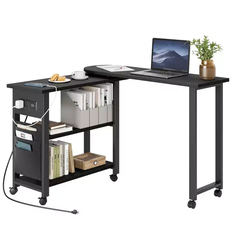 Table d'appoint rotative à 360° avec station de charge et sac de rangement, table de canapé mobile pivotante avec 6 roues verrouillables, table d'appoint mobile pour chambre et salon