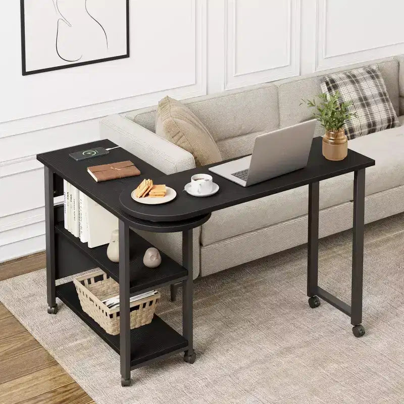 360 Rotating Side Table with Charging Station&Storage Bag,Swivel Mobile Sofa Table with 6 Lockable Wheels, Movable End Table for Bedroom&Living Room