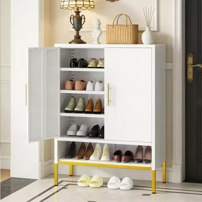 Meuble à chaussures moderne et haut de 40" avec 2 portes, organisateur de chaussures en métal à 6 niveaux avec étagères réglables