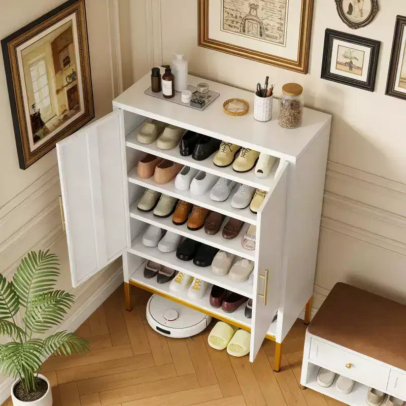 Meuble à chaussures moderne et haut de 40" avec 2 portes, organisateur de chaussures en métal à 6 niveaux avec étagères réglables
