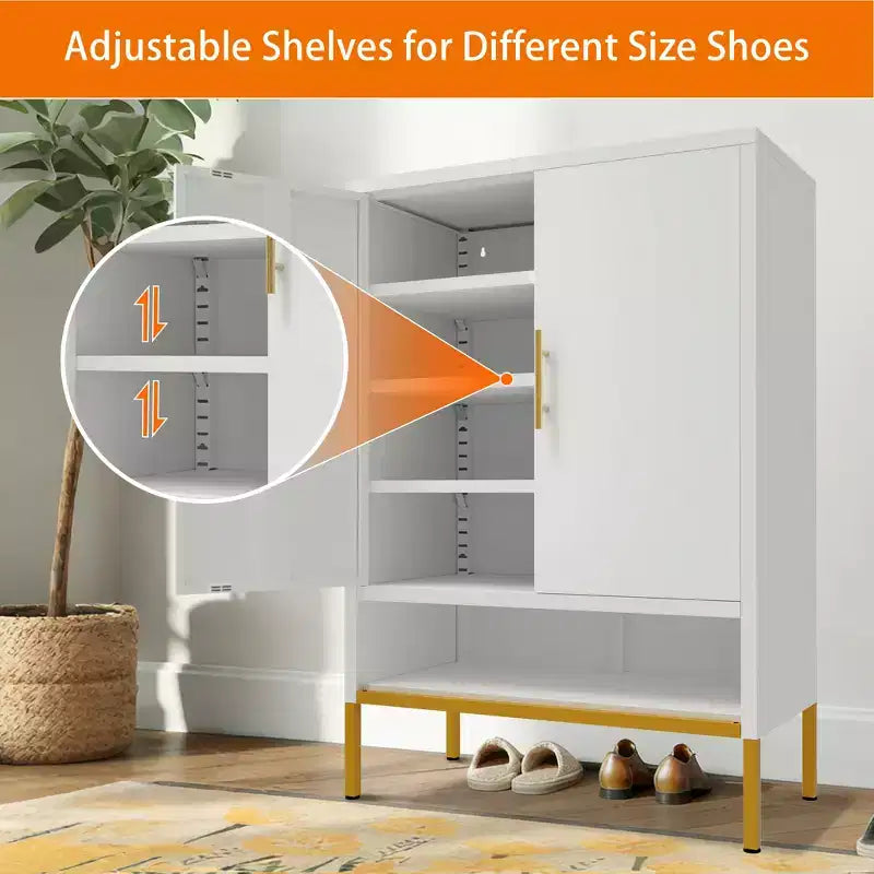 Meuble à chaussures moderne et haut de 40" avec 2 portes, organisateur de chaussures en métal à 6 niveaux avec étagères réglables