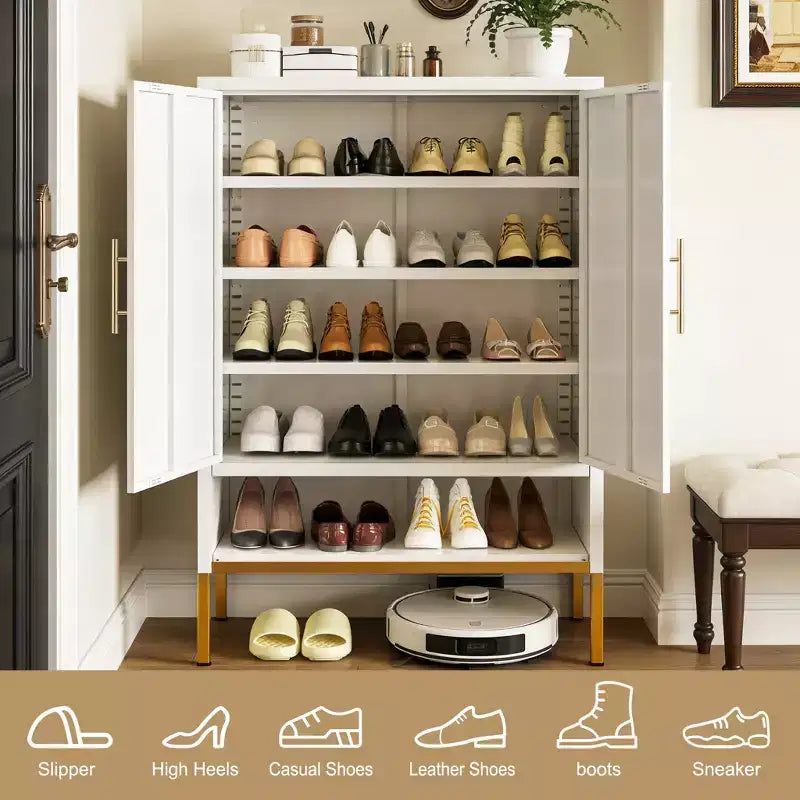 Meuble à chaussures moderne et haut de 40" avec 2 portes, organisateur de chaussures en métal à 6 niveaux avec étagères réglables