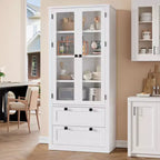 Garde-manger moderne de style ferme de 72 po – Armoire de rangement haute avec portes vitrées, 2 tiroirs et étagères réglables pour salle à manger et salon