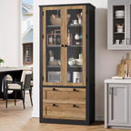 Garde-manger moderne de style ferme de 72 po – Armoire de rangement haute avec portes vitrées, 2 tiroirs et étagères réglables pour salle à manger et salon