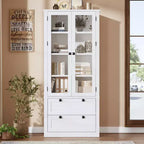 Garde-manger moderne de style ferme de 72 po – Armoire de rangement haute avec portes vitrées, 2 tiroirs et étagères réglables pour salle à manger et salon