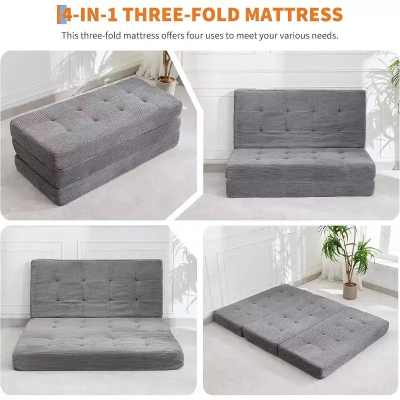 Matelas pliable 3 volets, 80,4x60, en mousse, canapé/lit d'appoint, velours côtelé capitonné, portable et offrant un bon maintien pour le camping/salon/chambre, gris
