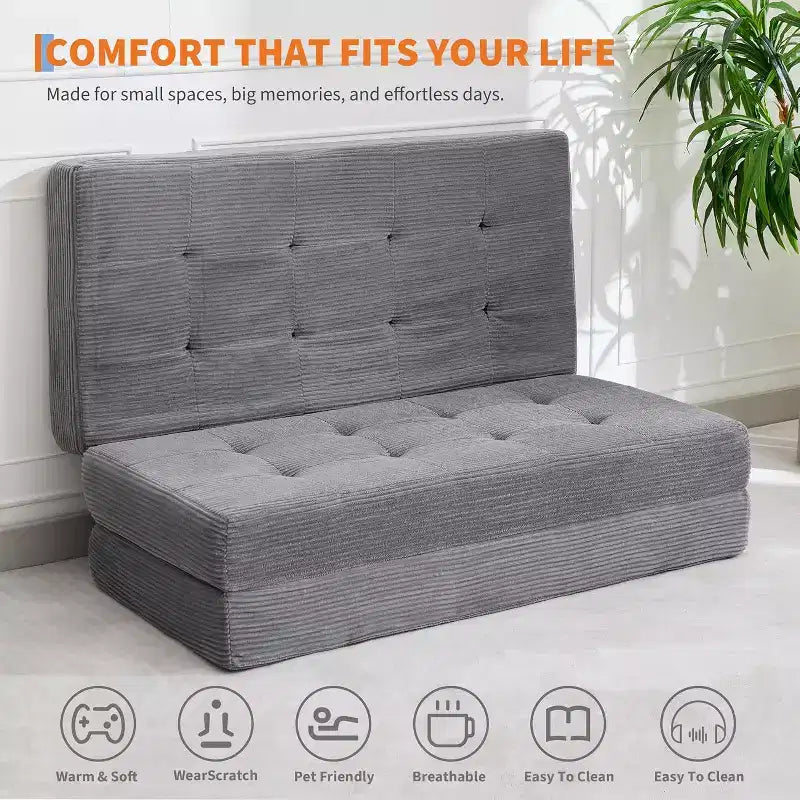 Matelas pliable 3 volets, 80,4x60, en mousse, canapé/lit d'appoint, velours côtelé capitonné, portable et offrant un bon maintien pour le camping/salon/chambre, gris